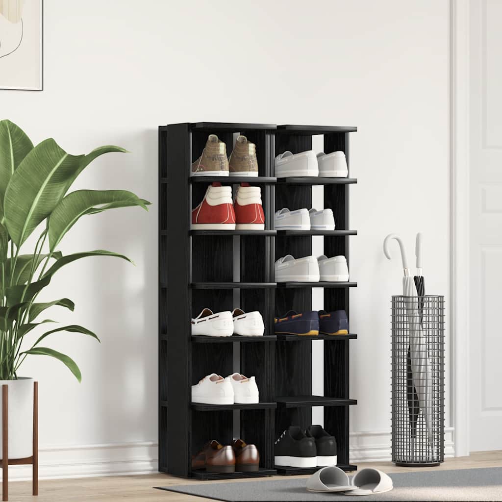 Set Of 2 Shoe Rack Black Wood 6 Compartments Tall & Skinny