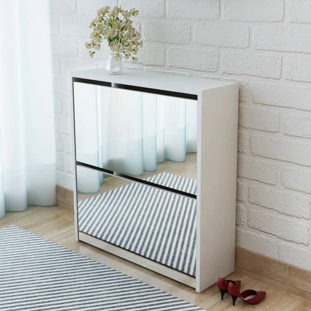 Mode Shoe Bench Natural Walnut & Glass Mirror 2 Compartments Rectangular