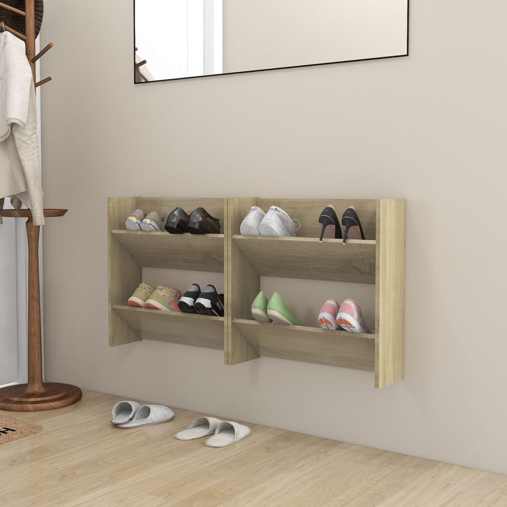 Set of 2 Modern 30" Wall Mounted Pine Shoe Cabinet With 2 Tiers