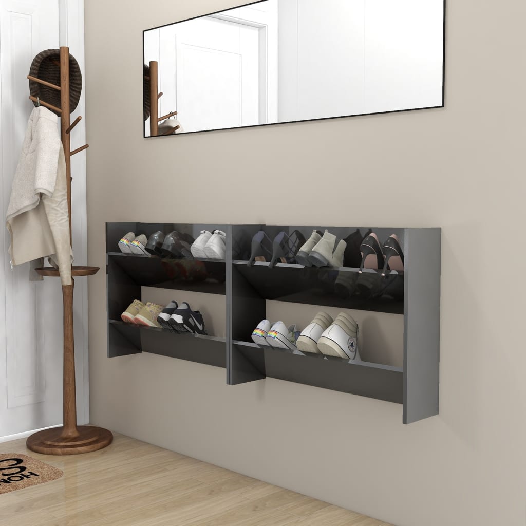 Set of 2 Modern 30" Wall Mounted Pine Shoe Cabinet With 2 Tiers