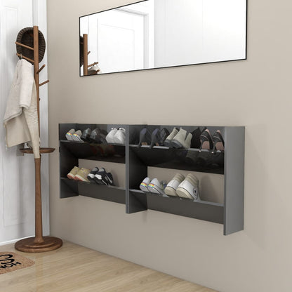 Set of 2 Modern 30" Wall Mounted Pine Shoe Cabinet With 2 Tiers