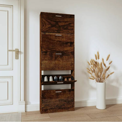 Shoe Cabinet Concrete-Finished Pine 5 Drop-Down Drawers Tall & Narrow