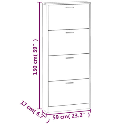 Shoe Cabinet Hand-Finished Pine 4 Drop-Down Drawers Tall & Narrow