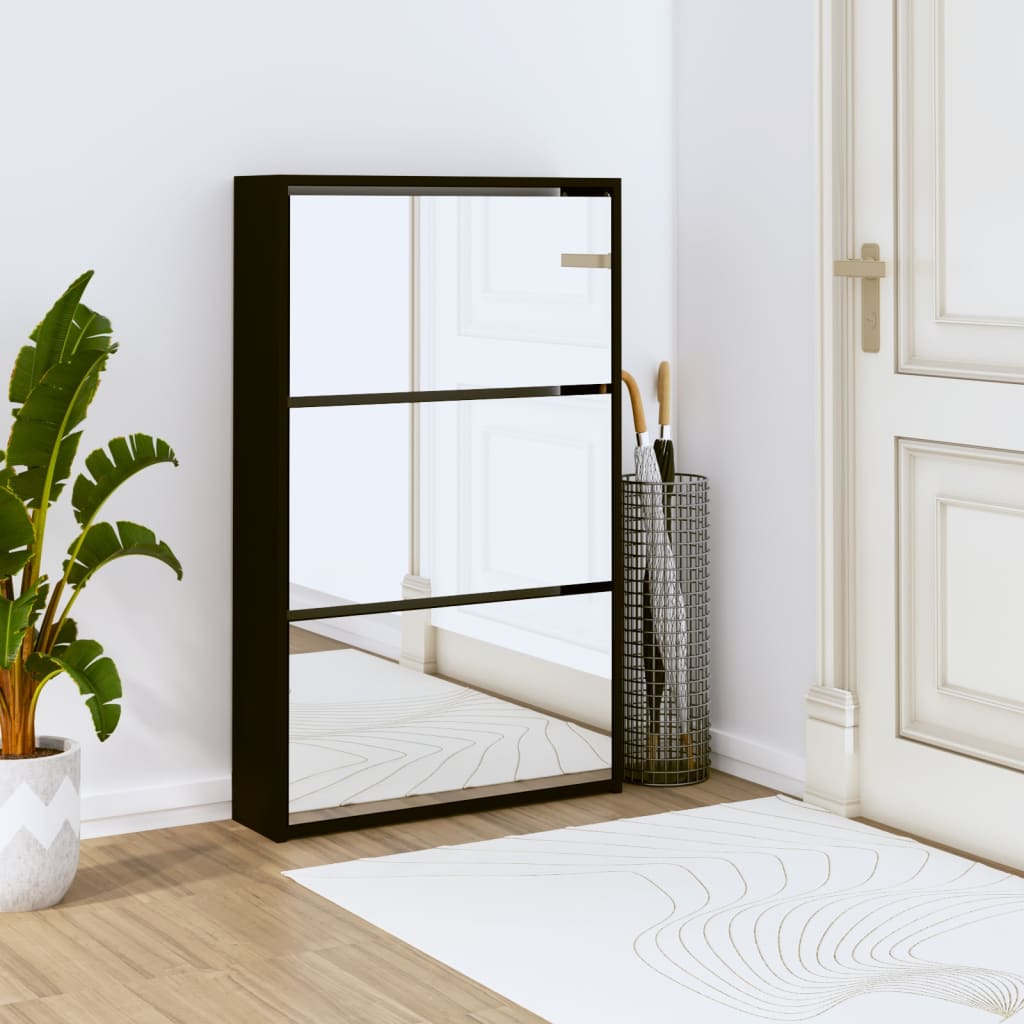Shoe Cabinet Brown Oak & Mirror Glass Tall & Narrow