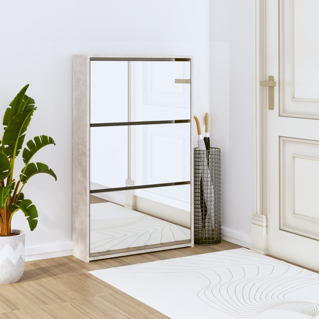 Shoe Cabinet Brown Oak & Mirror Glass Tall & Narrow