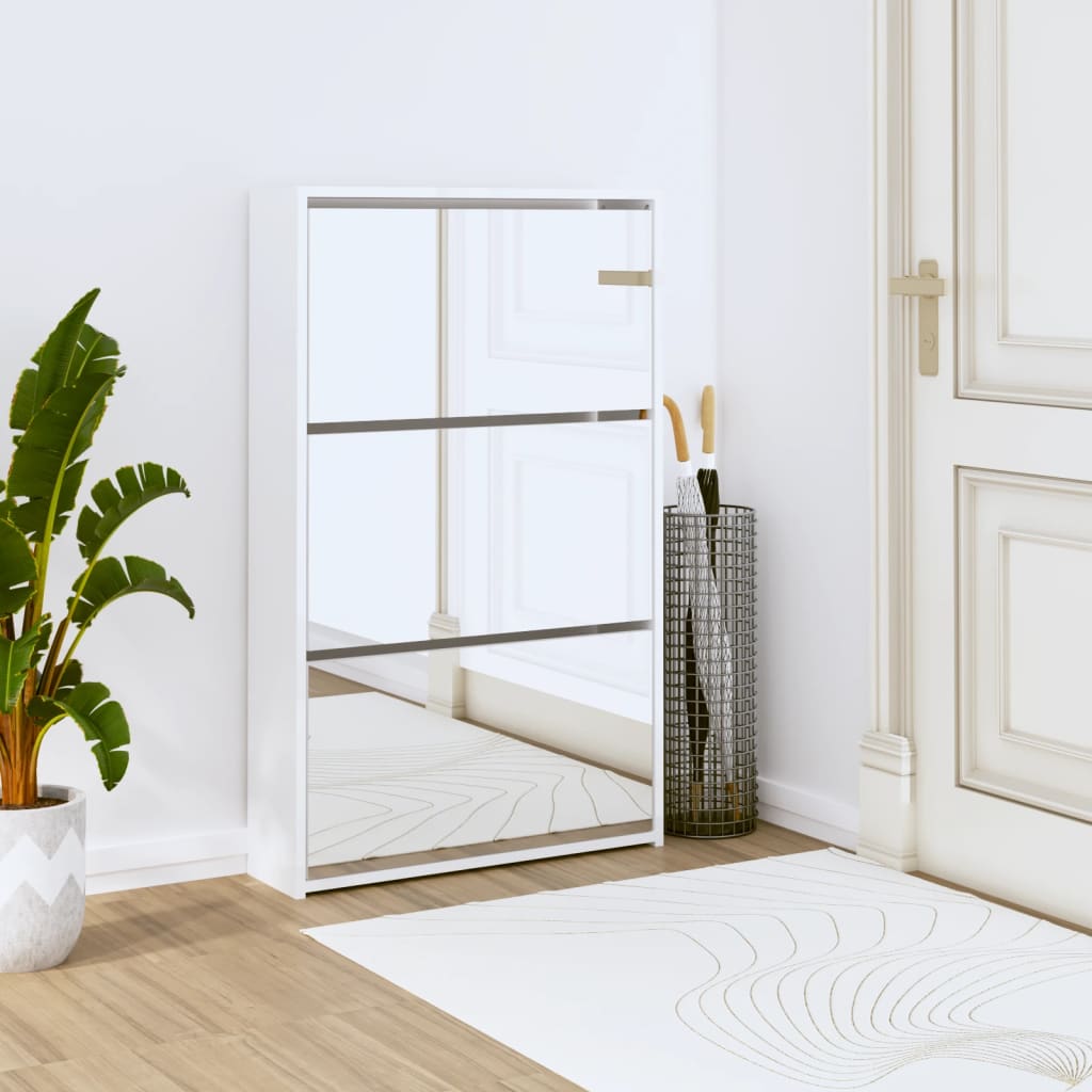 Shoe Cabinet Brown Oak & Mirror Glass Tall & Narrow