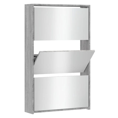 Shoe Cabinet Brown Oak & Mirror Glass Tall & Narrow