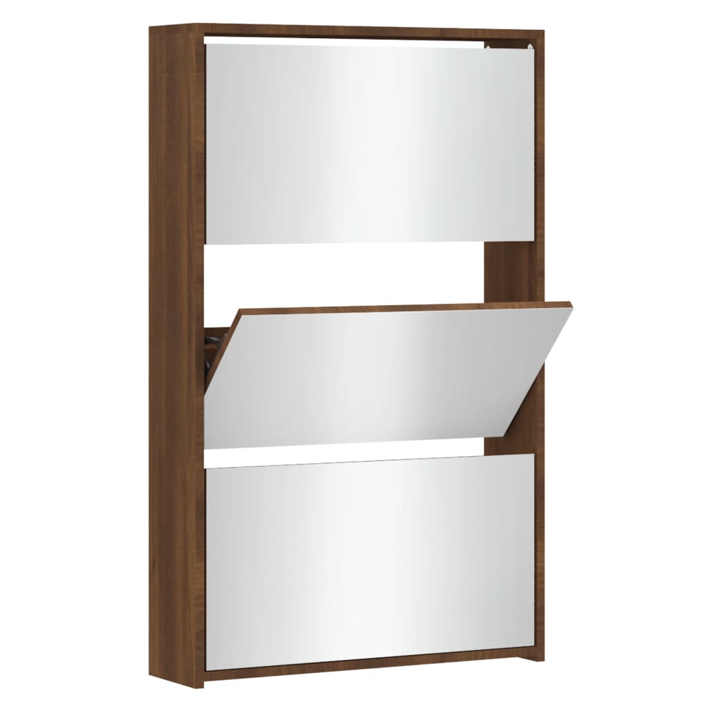 Shoe Cabinet Brown Oak & Mirror Glass Tall & Narrow
