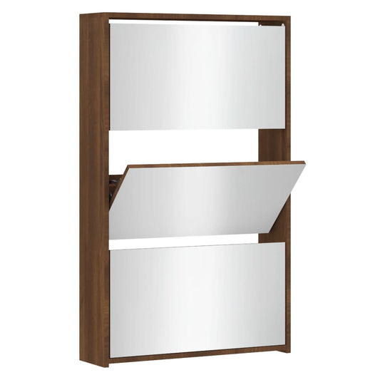 Shoe Cabinet Brown Oak & Mirror Glass Tall & Narrow