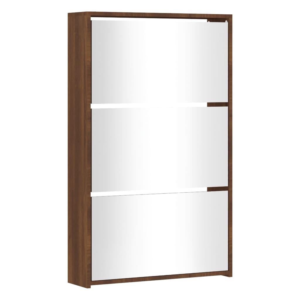 Shoe Cabinet Brown Oak & Mirror Glass Tall & Narrow