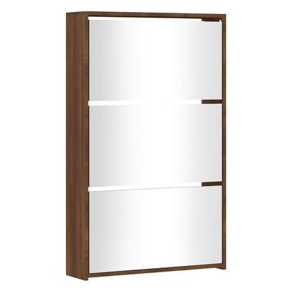 Shoe Cabinet Brown Oak & Mirror Glass Tall & Narrow