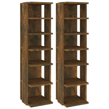 Set of 2 10" Narrow & Tall Smoked Oak Shoe Cabinet With 6 Tiers