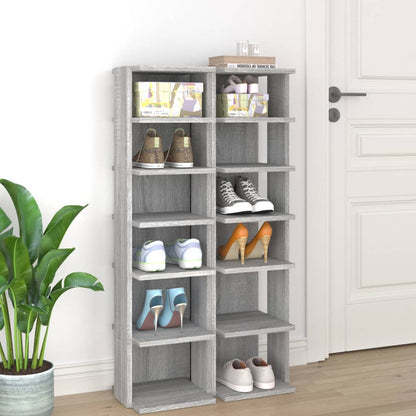 Set of 2 10" Narrow & Tall Smoked Oak Shoe Cabinet With 6 Tiers