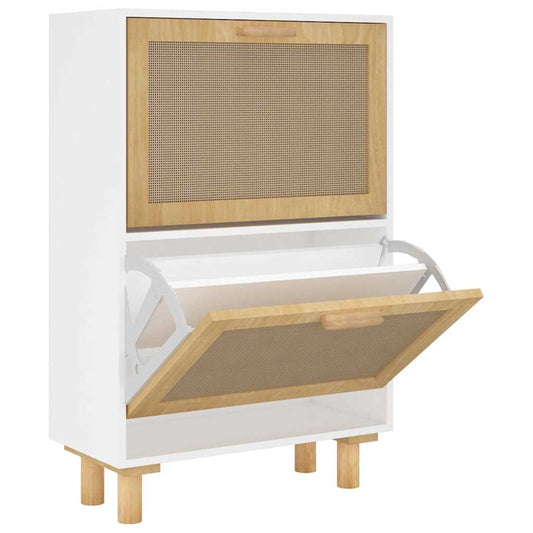 Shoe Cabinet Natural Rattan & Solid Pine 2 Drop-Down Drawers Medium Height