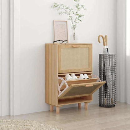 Shoe Cabinet Natural Rattan & Solid Pine 2 Drop-Down Drawers Medium Height