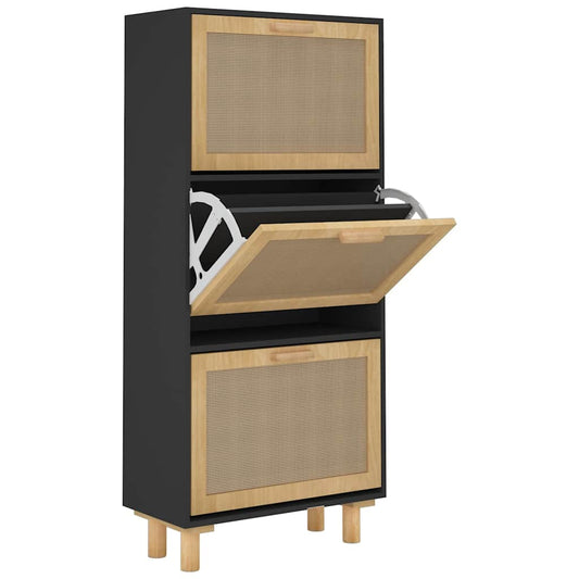 Shoe Cabinet Natural Rattan & Solid Pine 3 Drop-Down Drawers Medium Height