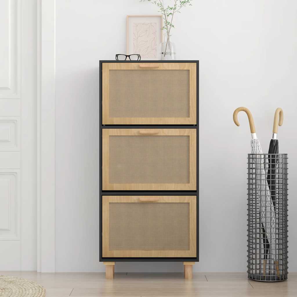 Shoe Cabinet Natural Rattan & Solid Pine 3 Drop-Down Drawers Medium Height