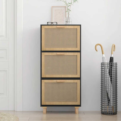 Shoe Cabinet Natural Rattan & Solid Pine 3 Drop-Down Drawers Medium Height