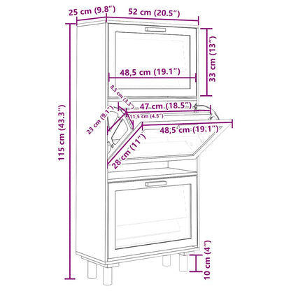 Shoe Cabinet Natural Rattan & Solid Pine 3 Drop-Down Drawers Medium Height