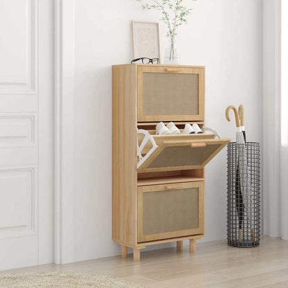 Shoe Cabinet Natural Rattan & Solid Pine 3 Drop-Down Drawers Medium Height