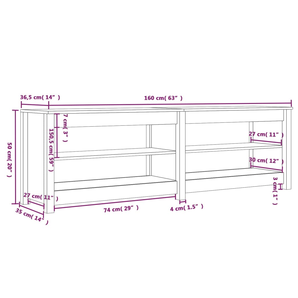 Luxo Shoe Bench Solid Pine 4 Compartments Wide & Deep