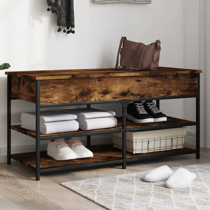 39" Industrial Oak & Metal Shoe Bench With 2 Tiers & 1 Large Lift Top Drawer