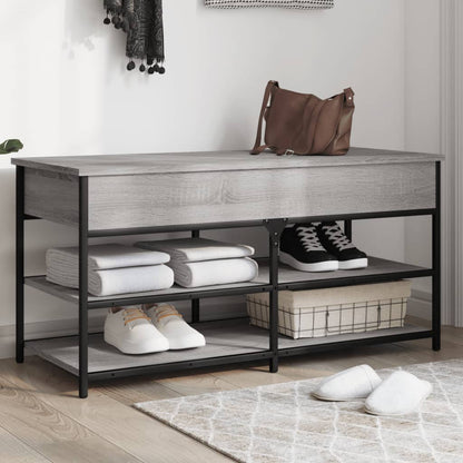 39" Industrial Oak & Metal Shoe Bench With 2 Tiers & 1 Large Lift Top Drawer
