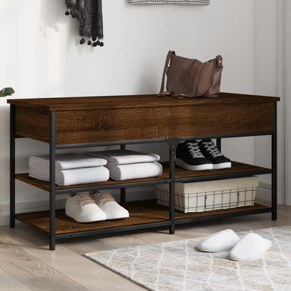 39" Industrial Oak & Metal Shoe Bench With 2 Tiers & 1 Large Lift Top Drawer