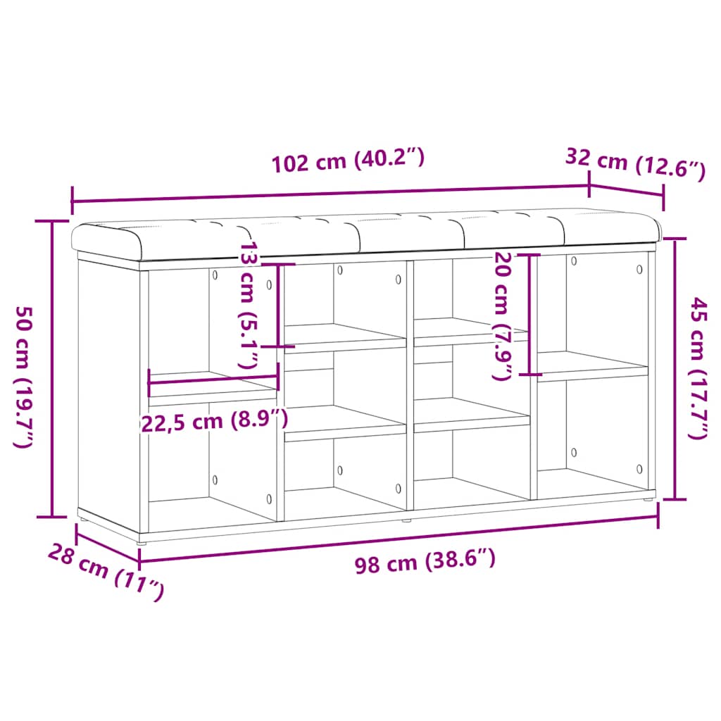 Shoe Bench Old Grained Wood 10 Compartments Wide & Deep
