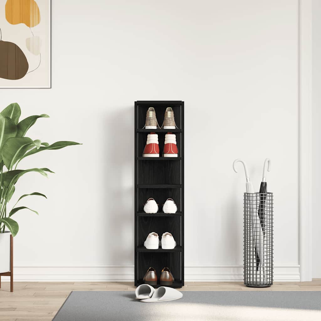 Shoe Rack Black Wood 6 Compartments Tall & Skinny