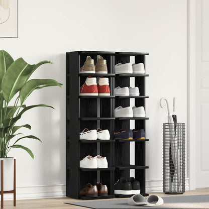 Set Of 2 Shoe Rack Black Wood 6 Compartments Tall & Skinny