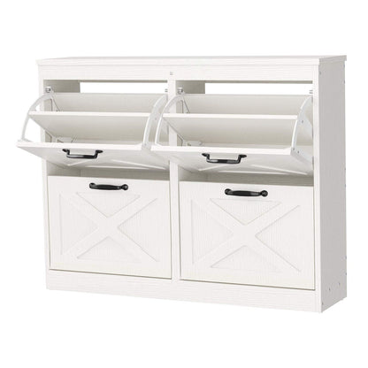 24 Pair Farmhouse Style 41" Pine Shoe Cabinet With 4 Flip Drawers