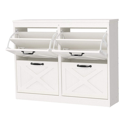 24 Pair Farmhouse Style 41" Pine Shoe Cabinet With 4 Flip Drawers