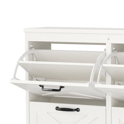 24 Pair Farmhouse Style 41" Pine Shoe Cabinet With 4 Flip Drawers