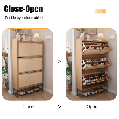 30 Pair Minimalist 31" Solid Oak Shoe Cabinet With 3 Drop-Down Drawers